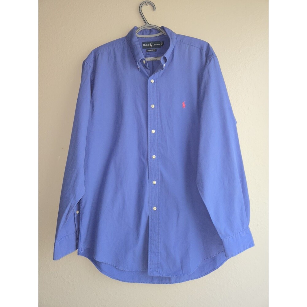 Ralph Lauren Men's Classic Fit Button Up Shirt Blue Size L Long Sleeve Pink Pony